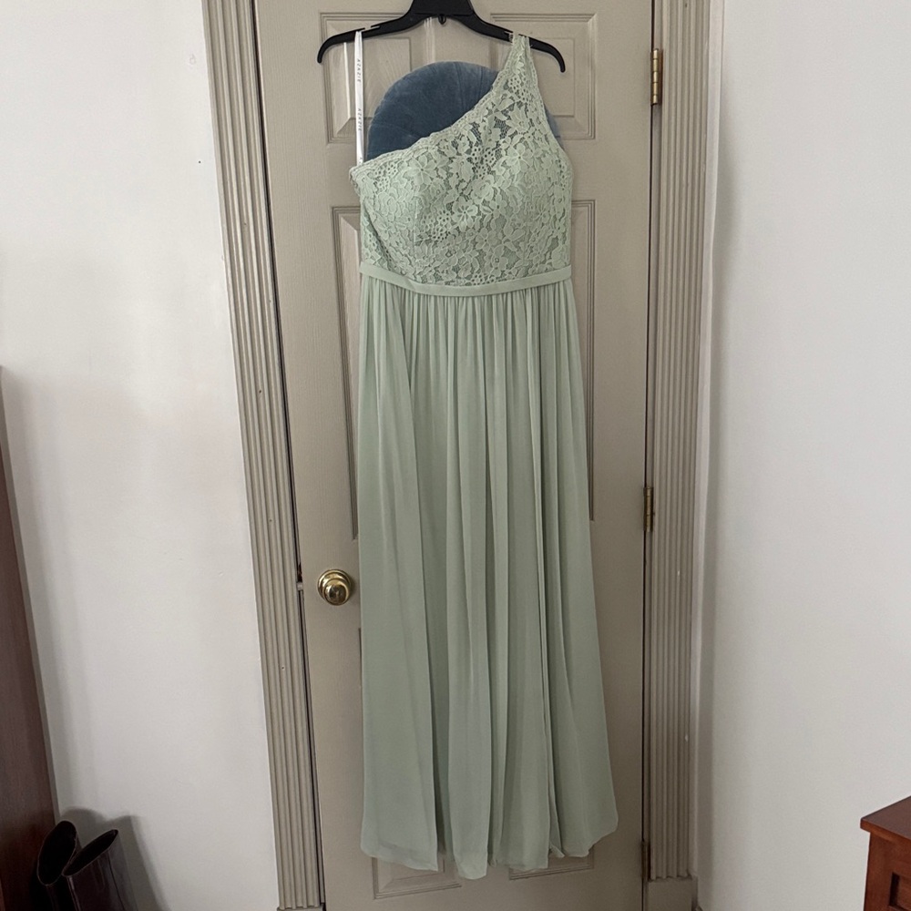 Azazie One-Shoulder Lace and Chiffon Gown in Sage Green